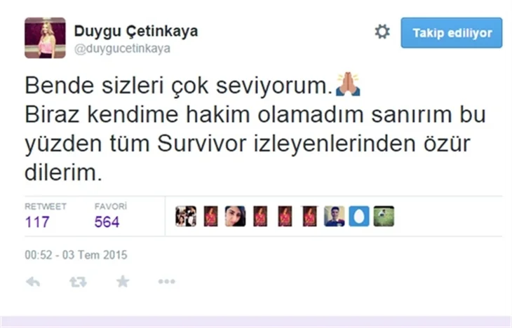 Kovulan Duygu Çetinkaya konuşmaya Twitter'de devam etti
