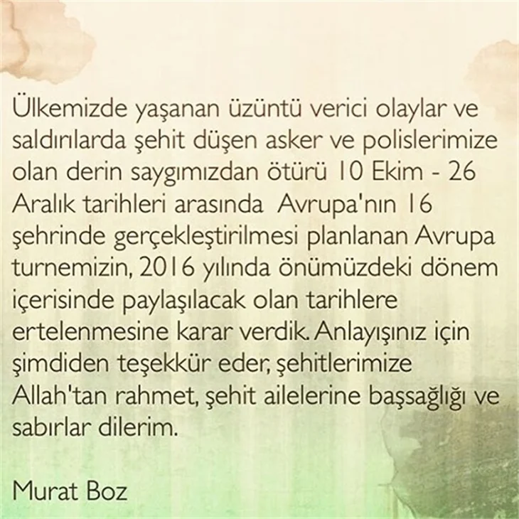 Murat Boz da konserleri iptal etti