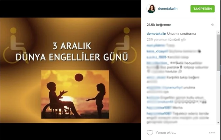 Ünlülerden 3 Aralık Engelliler Günü paylaşımı