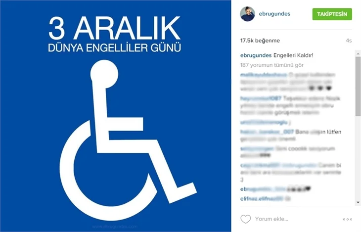 Ünlülerden 3 Aralık Engelliler Günü paylaşımı