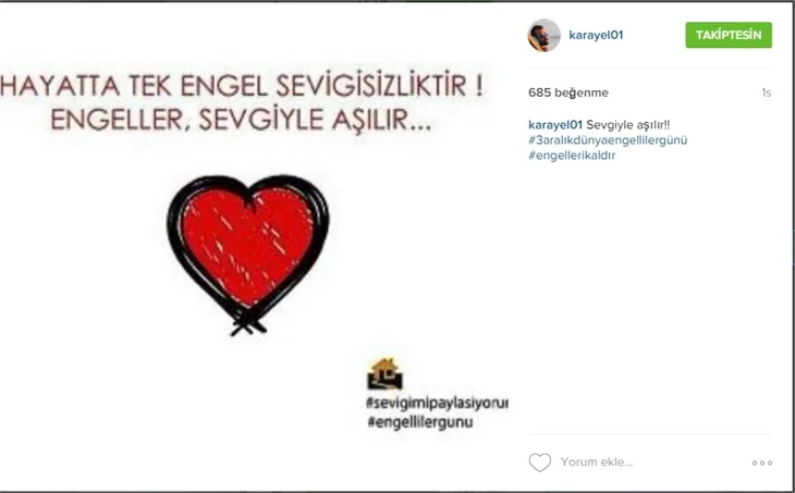 Ünlülerden 3 Aralık Engelliler Günü paylaşımı