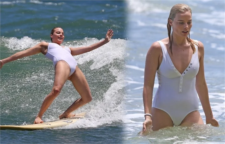 Margot Robbie sörf tahtası üzerinde..