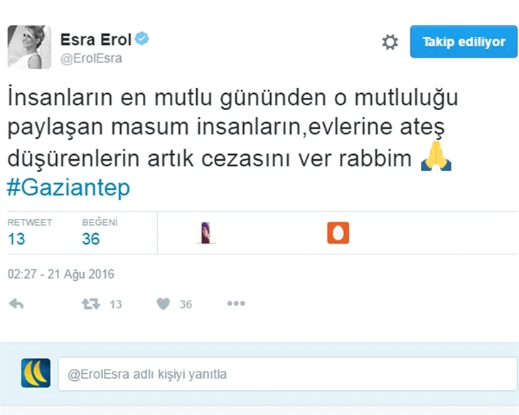 Ünlülerden Gaziantep'teki saldırıya sert tepkiler