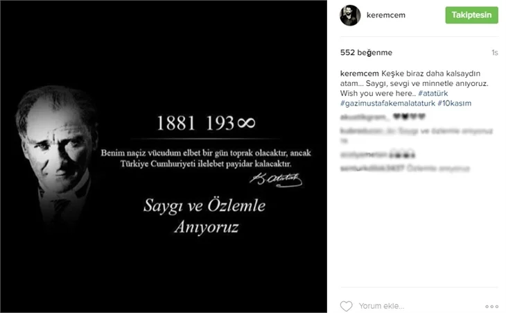 Ünlüler 10 Kasım'da Atatürk'ü saygı ve özlemle andı!