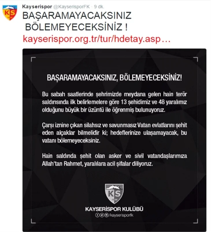 Kayseri'deki terör saldırısı spor camiasını yasa boğdu
