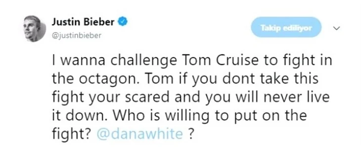 Justin Bieber, Tom Cruise'a meydan okudu: Maça çıkmazsan korkağın tekisin!