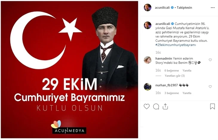 Ünlülerin 29 Ekim Cumhuriyet Bayramı paylaşımları!
